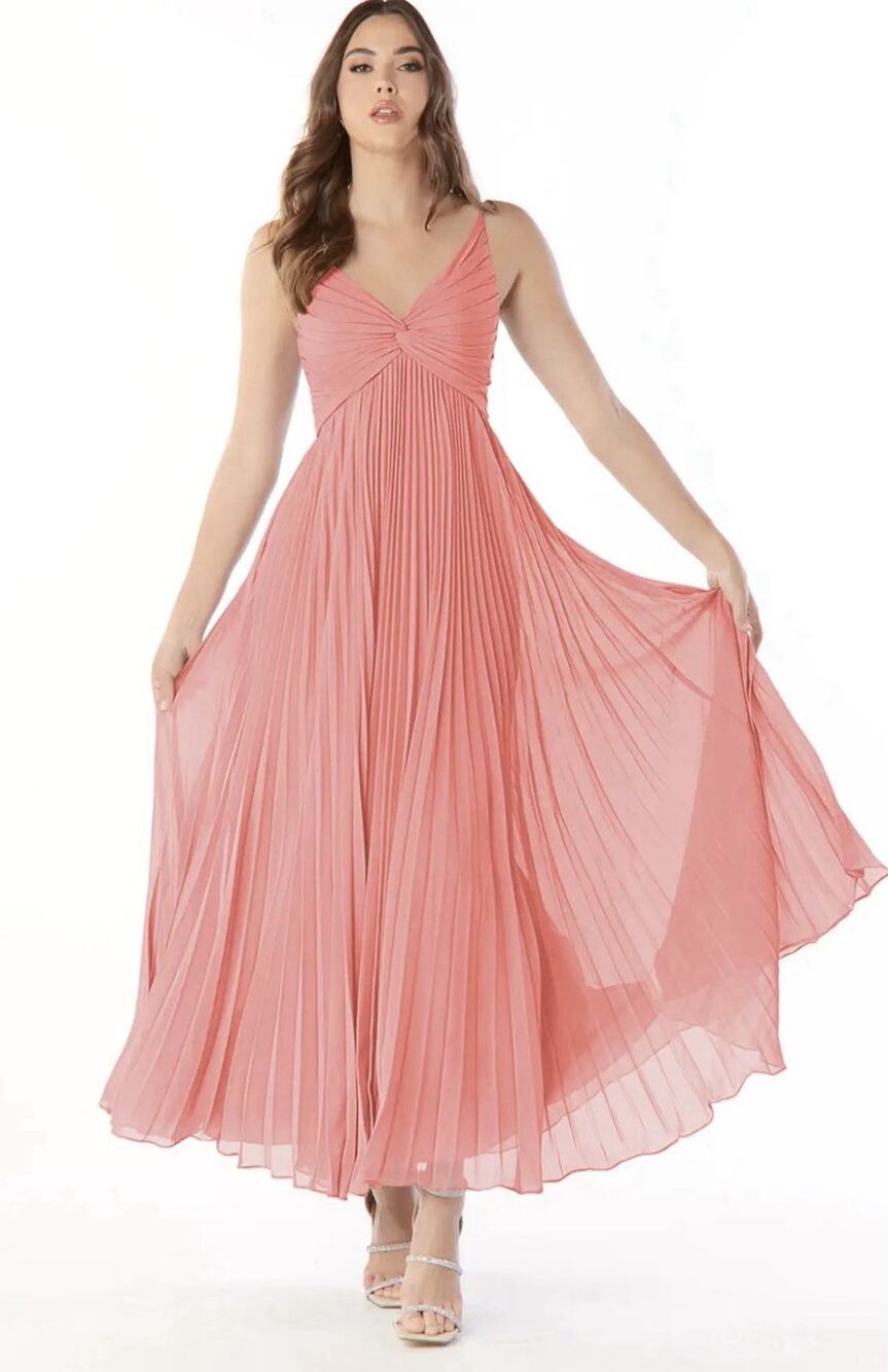 Azazie Raychelle Pleated Chiffon Empire Waist Peach Maxi Dress Bridesmaid Sz 12